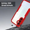 A red and clear phone case is shown at an angle, appearing to be dropped onto a rocky surface. Produktbild-Vorschau