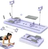 A collection of images showing a foldable Pilates reformer and a woman using it for a plank exercise. Produktbild-Vorschau