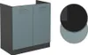 A two-door cabinet with a dark base and sides, and blue-gray doors with silver handles. To the right are two overlapping circles, one black with a gray quarter segment, and one blue-gray. Produktbild-Vorschau