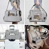 Collage of a gray pet carrier bag shown in different scenarios: being carried by a person, held by a person, placed on a suitcase, and secured in a car seat. Podgląd zdjęcia produktu