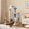 Two cats interacting with a multi-level cat tree in a living room setting. Produktbild-Vorschau