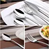 A collage of images showing a stainless steel cutlery set, including spoons, forks, and knives, arranged on plates and placemats, with one image showing a plate of pasta. Náhled obrázku produktu