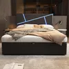A modern bedroom with a bed featuring LED lighting. Produktbild-Vorschau