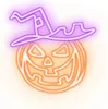 A neon outline of a jack-o'-lantern wearing a witch's hat. Produktbild-Vorschau