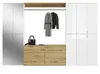 A wardrobe with mirrored doors and wooden drawers, featuring two coats hanging on a rack. Produktbild-Vorschau