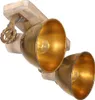 A close-up studio shot of a two-headed light fixture with a wooden base and antique bronze lampshades. Produktbild-Vorschau