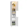 A tall, white bathroom cabinet with its doors open, showcasing various toiletries and folded towels on its shelves. Náhled obrázku produktu