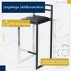 A bar stool is shown against a blueprint-style background with technical drawings and text overlays highlighting its features. Voir les images du produit