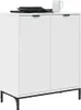 A white sideboard with two doors and black legs, shown against a white background. A stack of plates and a pitcher are on top of the sideboard. Podgląd zdjęcia produktu