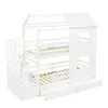 A white bunk bed with a house-like structure, windows, and drawers underneath. Produktbild-Vorschau