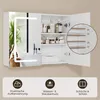 A white illuminated medicine cabinet with its doors open, displaying various toiletries on shelves. Below the cabinet are three circular icons with text descriptions. Produktbild-Vorschau