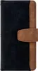 A closed wallet-style phone case with a black front and a brown accent strip and closure. Produktbild-Vorschau