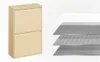 A beige cabinet with two drawers is shown next to a diagram illustrating layered materials. Produktbild-Vorschau