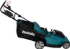A teal and black Makita cordless lawnmower is shown against a white background. Náhled obrázku produktu