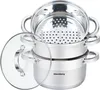 A stainless steel steamer set with a glass lid. Voir les images du produit