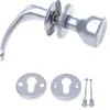 A set of door handles and related hardware, including two keyhole escutcheons and two screws, displayed against a white background. Podgląd zdjęcia produktu