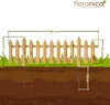 A diagram showing a wooden garden fence with dimensions and stakes inserted into the ground. Náhled obrázku produktu