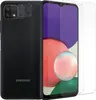 A black Samsung Galaxy A22 5G phone with two screen protectors and two camera lens protectors. Produktbild-Vorschau