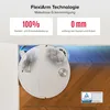 A white robot vacuum cleaner is shown on a wooden floor, partially entering a white doorway. Text overlays highlight its features. Produktbild-Vorschau