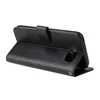 A black flip cover phone case is shown from the side, propped open. Produktbild-Vorschau