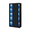A black metal filing cabinet filled with blue binders, shown against a white background. Voir les images du produit