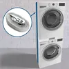 A stacked washing machine and dryer unit with a close-up inset of a strap and buckle. Produktbild-Vorschau