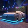 A modern bedroom with a bed featuring LED lighting. Produktbild-Vorschau