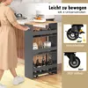 A person is shown next to a narrow rolling storage trolley in a kitchen setting. The trolley is filled with various items like bottles and jars. Inset images highlight the trolley's wheels and locking mechanism. Podgląd zdjęcia produktu
