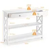 A white console table with drawers and shelves, shown with dimensions and weight capacity indicators. Náhľad obrázku produktu