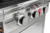 A close-up view of the control panel of a stainless steel gas grill, showing four control knobs. Náhled obrázku produktu