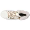 A top-down view of a white high-top sneaker with beige laces and cream-colored faux fur trim. Produktbild-Vorschau