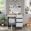 A vanity table with a stool, mirror, and lights, set up in a room with windows and plants. Náhled obrázku produktu