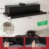 A diagram showing the dimensions and installation guidelines for a black range hood, with inset images demonstrating its operation. Produktbild-Vorschau