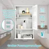 A white bathroom cabinet with shelves displaying various bathroom items, with text overlays highlighting features and product categories. Náhled obrázku produktu
