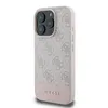 A side view of a pink and gray Guess phone case with a patterned texture. Produktbild-Vorschau