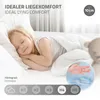 A young girl sleeping peacefully on a bed, with marketing text and graphics overlayed. Produktbild-Vorschau