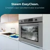 A modern kitchen scene featuring a built-in oven with steam cleaning in progress, alongside a sink and cleaning supplies. Produktbild-Vorschau