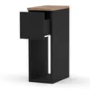 A black narrow bedside table with a wooden top and an open drawer, shown against a white background. Podgląd zdjęcia produktu