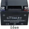 A black motorcycle battery with silver terminals and labels. Produktbild-Vorschau