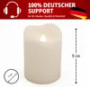 A cream-colored LED candle with a flame, shown on a white background with measurement indicators. Produktbild-Vorschau