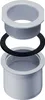 An exploded view of a PVC drain fitting assembly, showing a threaded flange, a gasket, and a base piece. Produktbild-Vorschau