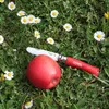 A red apple and a red-handled Opinel knife are lying on the grass with daisies. Produktbild-Vorschau