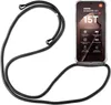A black phone lanyard is attached to a clear phone case containing a smartphone displaying product information. Produktbild-Vorschau