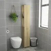 A bathroom with a toilet, a tall cabinet, a hanging plant, and a trash can. Podgląd zdjęcia produktu