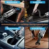 A collage of four images showing a handheld vacuum cleaner being used in different parts of a car: the center console, the trunk, the cup holder, and the car mats. Text overlays indicate the areas being cleaned. Produktbild-Vorschau