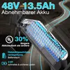 Close-up of an electric bike battery pack with text overlays highlighting features. Produktbild-Vorschau