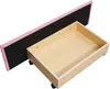 A pink upholstered headboard and a wooden drawer with wheels are shown against a white background. Produktbild-Vorschau