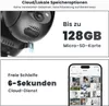 Marketing image showing storage options for a security camera and a mobile app interface. Produktbild-Vorschau