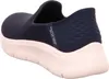 A close-up side view of a navy blue Skechers slip-on sneaker with a pink sole. Produktbild-Vorschau