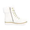 A white boot with fur trim and gold accents is shown against a white background. Produktbild-Vorschau